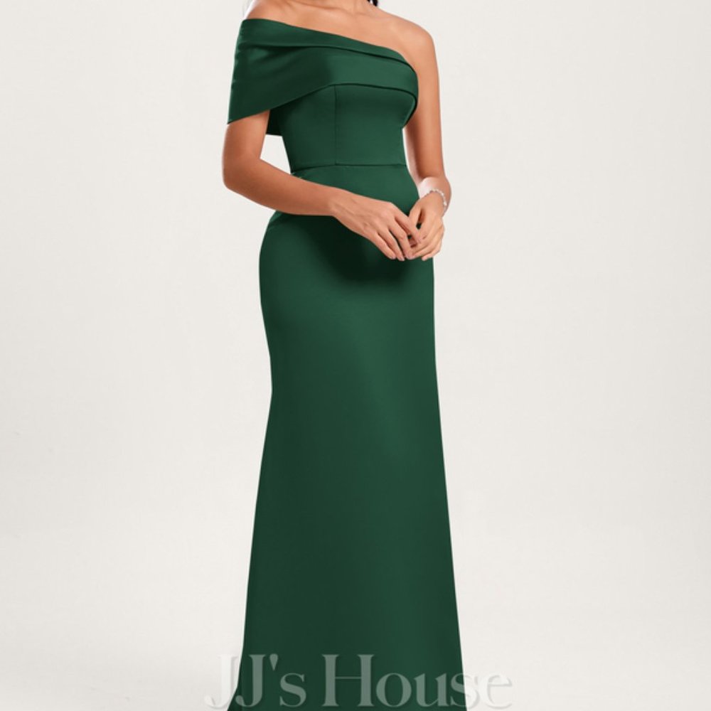 JJ House Hunter Green A-line Asymmetrical Off the Shoulder Floor-Length Sa